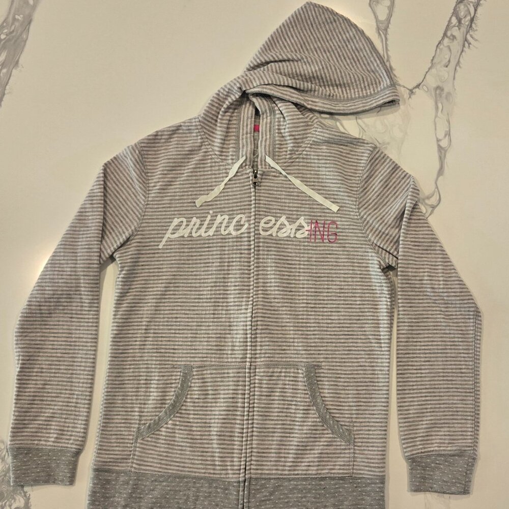 Disney Parks Princessing Gray & Pink Striped Full Zip Jacket w/ Hood & Graphic